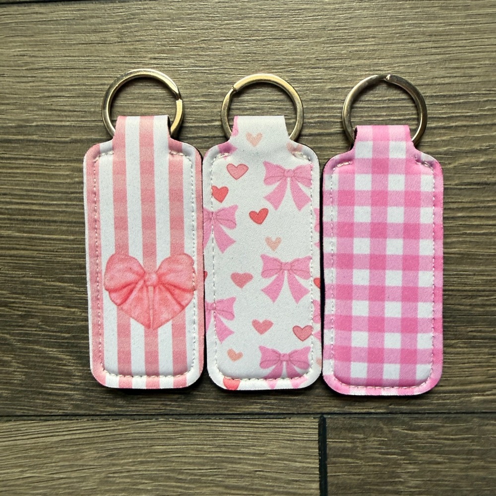 Set of 3 Pink Neoprene Chapstick Holder Keychains Bows Hearts Gingham Stripe - Picture 2 of 3